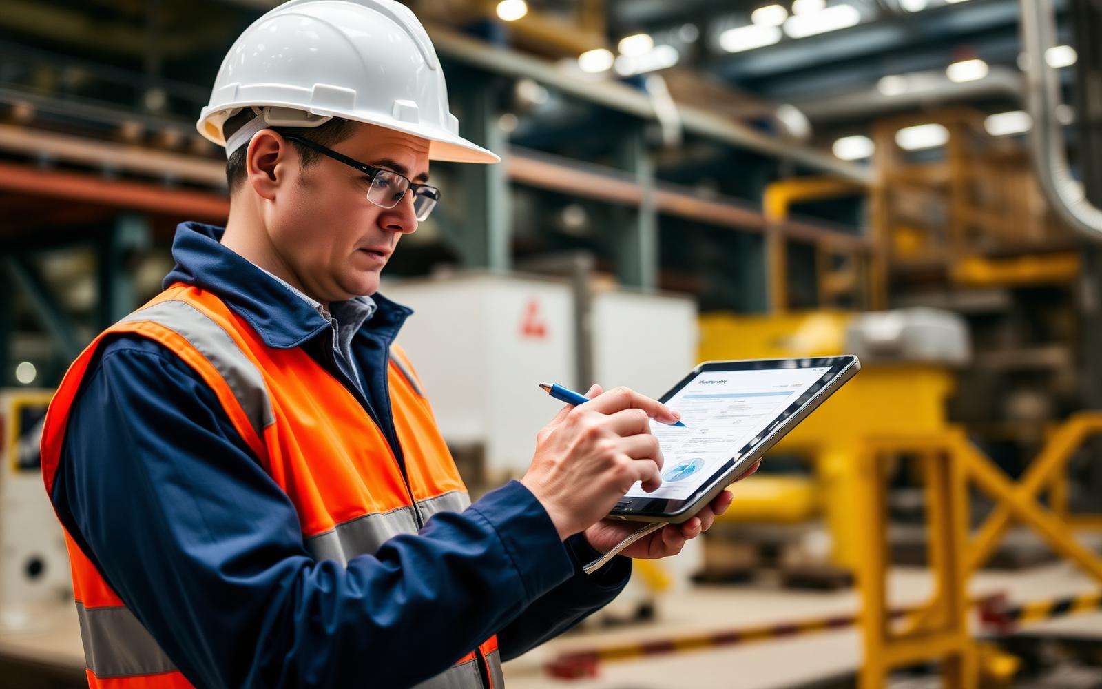Técnico de segurança registrando CAT em tablet no chão de fábrica