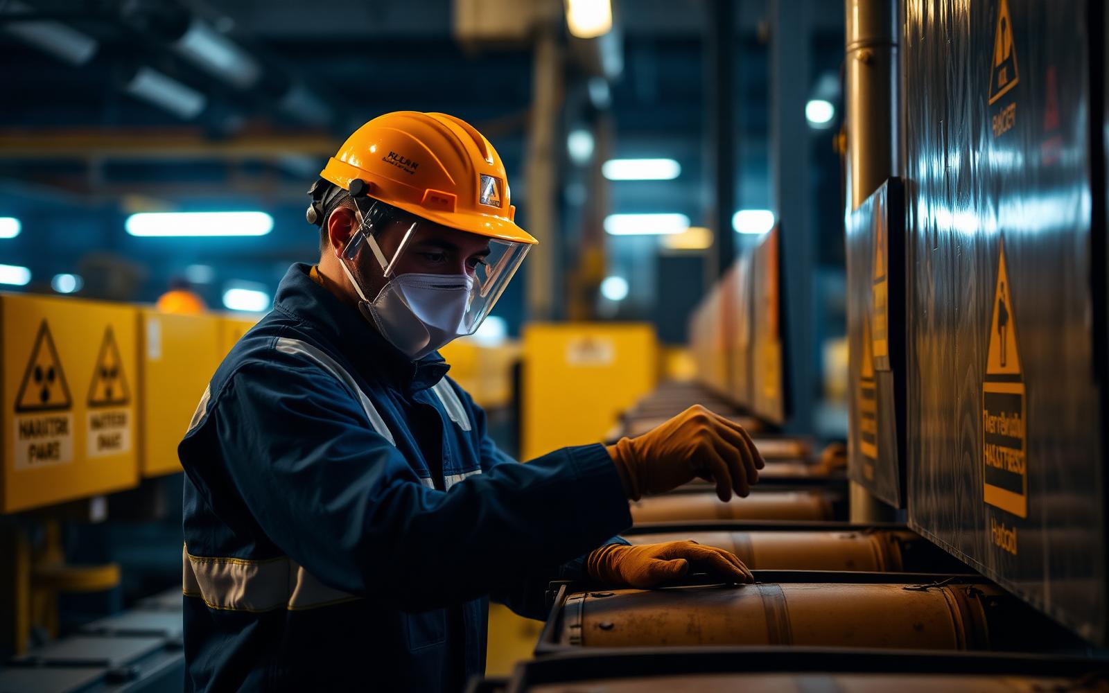 Trabalhador industrial manipulando produto químico em ambiente controlado