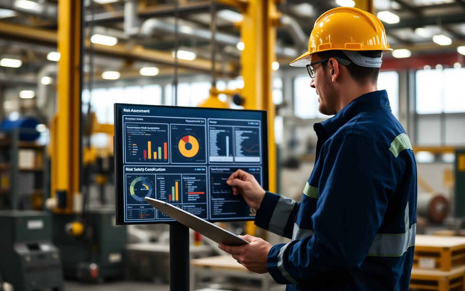 Engenheiro de segurança revisando o PGR em painel digital